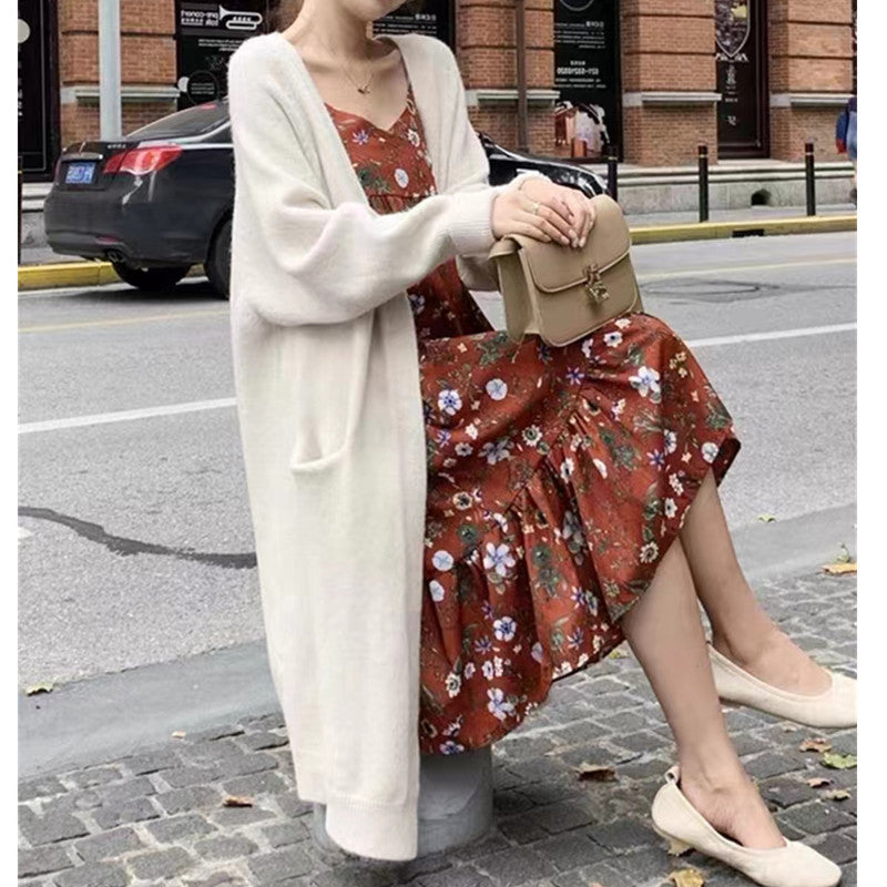 Idle Style Mid-length Sweater Coat Women's Loose Pockets Knitted Cardigan