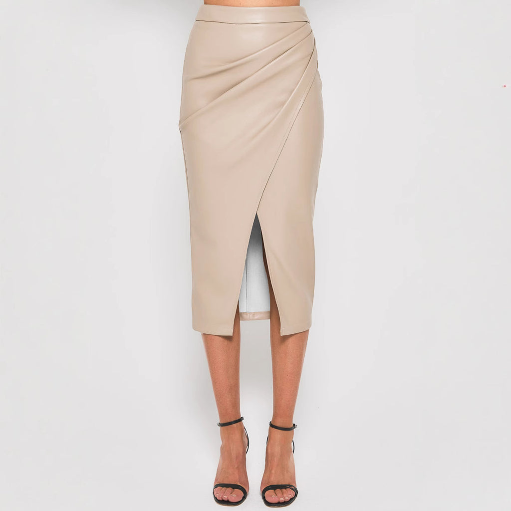 Women's High Waist Zipper Heap Pleated Leather Skirt