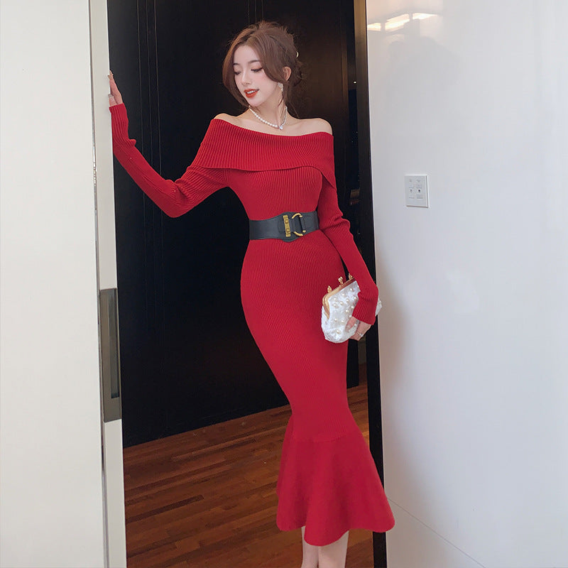 Women's Temperament One-shoulder Waist-slimming Knitted Fishtail Skirt