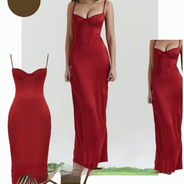 Ladies New Camisole Wine Red Evening Dress