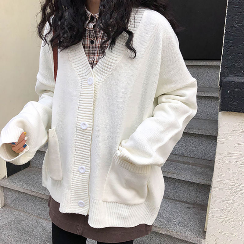 Lazy Style Knit Sweater Cardigan Jacket V-neck Blouse Women