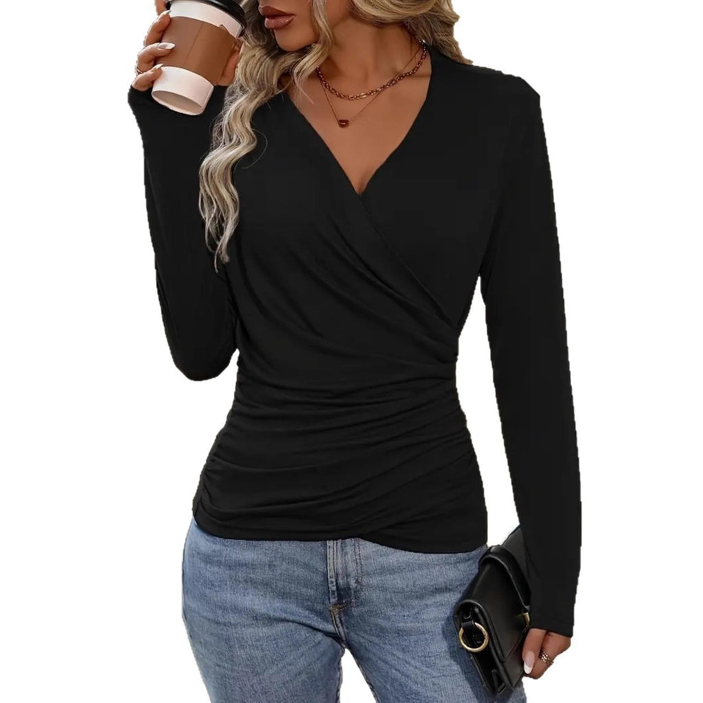 Solid Color V-neck T-shirt Fashionable And Elegant Long-sleeved Top