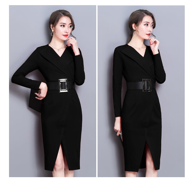 Long-sleeved dress mid-length V-neck temperament