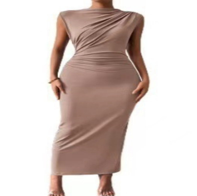 Sleeveless Round Neck Pleated Slit Hemline At Hem Dress