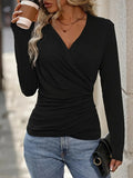 Solid Color V-neck T-shirt Fashionable And Elegant Long-sleeved Top