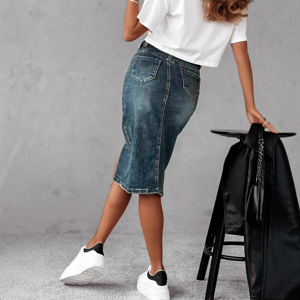 Heavy Industrial Overdye Wash, Hip-hugging Front Slit Denim Pencil Midi Skirt