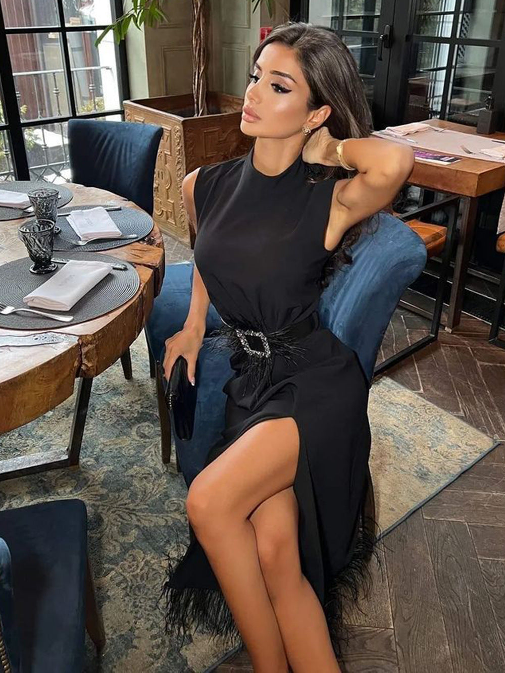 Women's Fashion Simple Black Bandage One-piece Dress