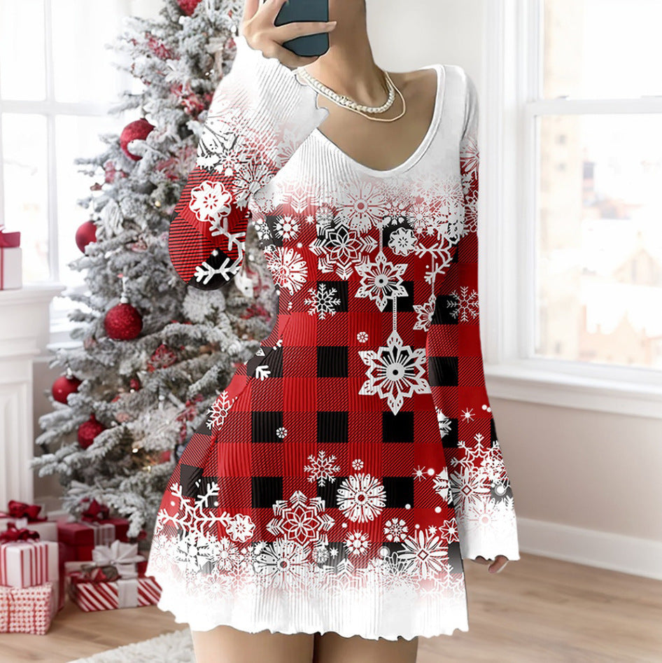 V-neck Stretch Sunken Stripe Christmas Printed Flared Sleeve Dress