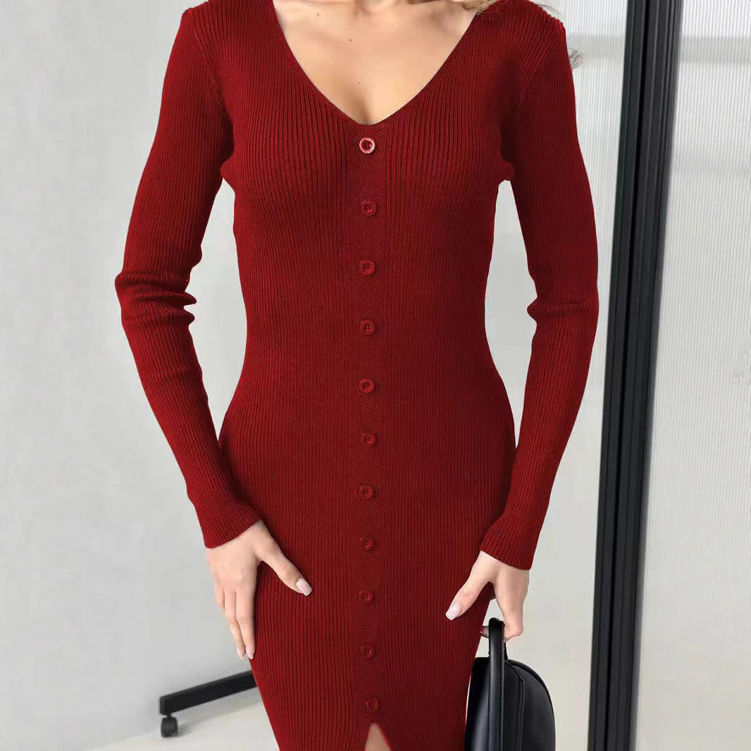 Slim Fit Slit Slimming Elegant Single-breasted Knitted Sheath Dress