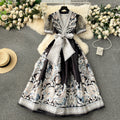 Vintage Printed Lace Up Waist-tight Long French Puff Sleeve Temperament Dress