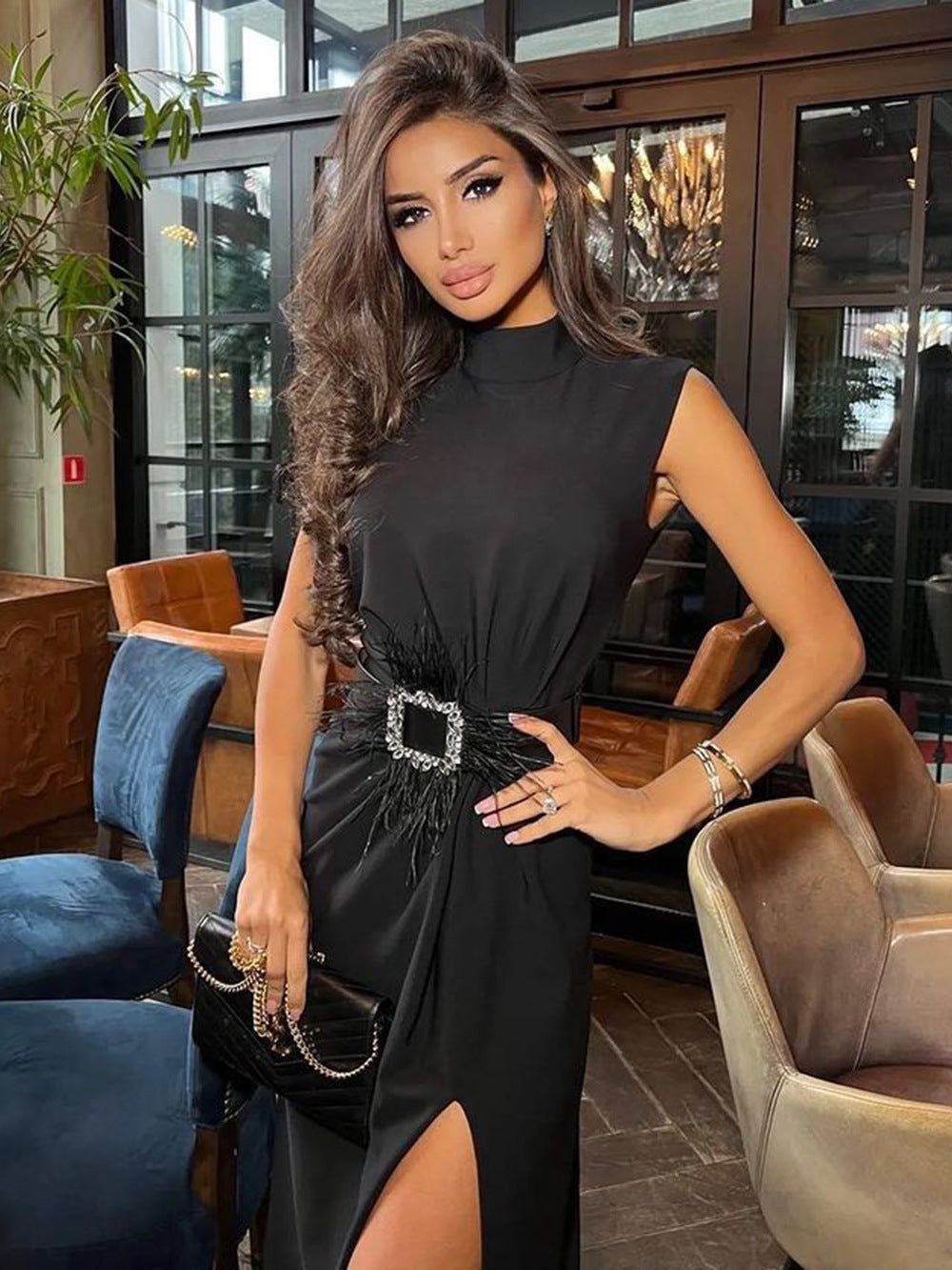 Women's Fashion Simple Black Bandage One-piece Dress