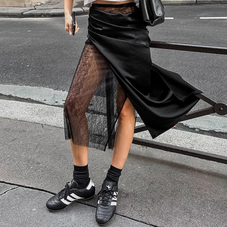 Black Hot Girl Lace Patchwork See-through Satin Skirt