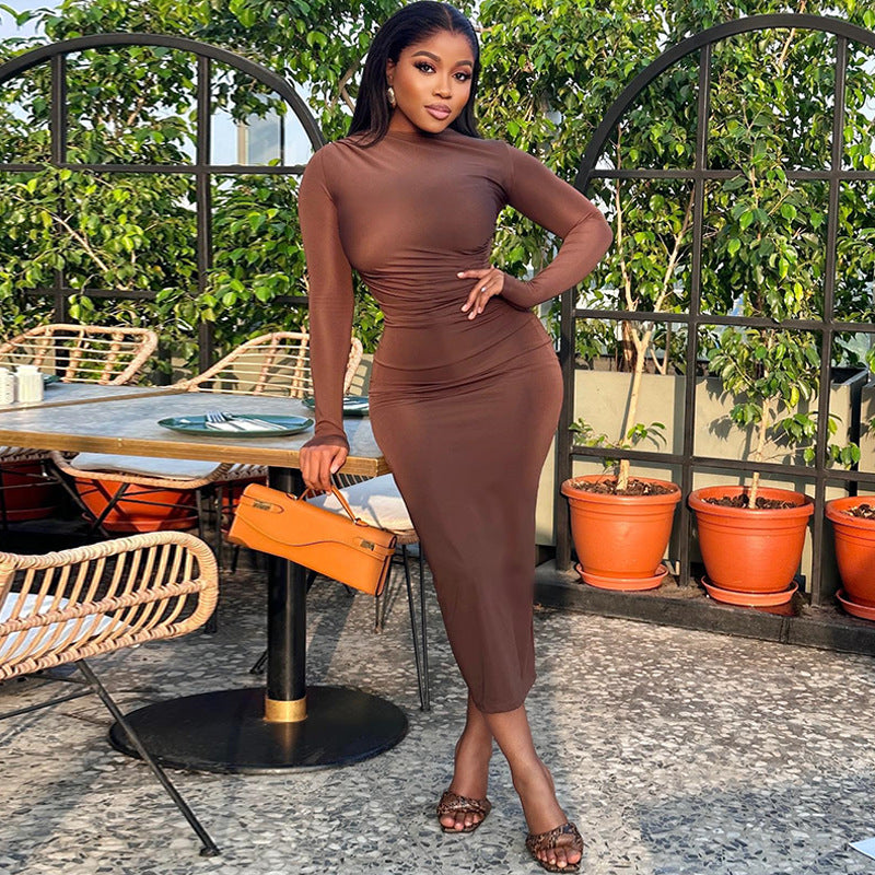 Women's Solid Color Round Neck Long Sleeve Pullover Dress