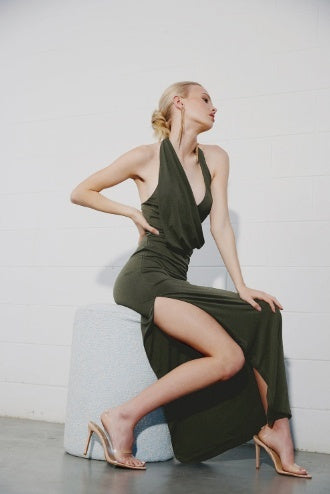 New Independent Design Halter Deep V Bare Back Knitted Bandage Evening Dress Dress Mid-length