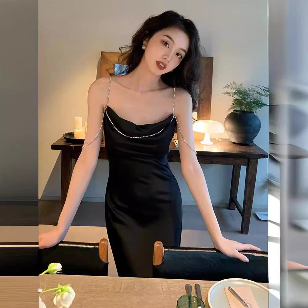 Satin Texture Swing Collar Drill Chain Suspender Skirt For Women