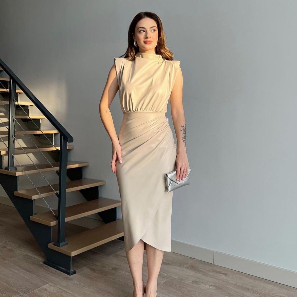 Women's Solid Color High Waist Stitching Pleated Slim Dress