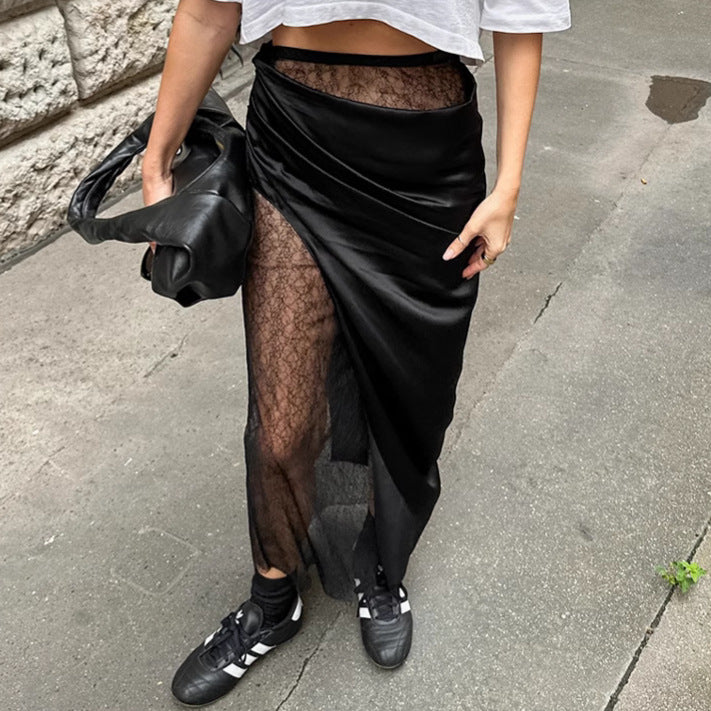 Black Hot Girl Lace Patchwork See-through Satin Skirt