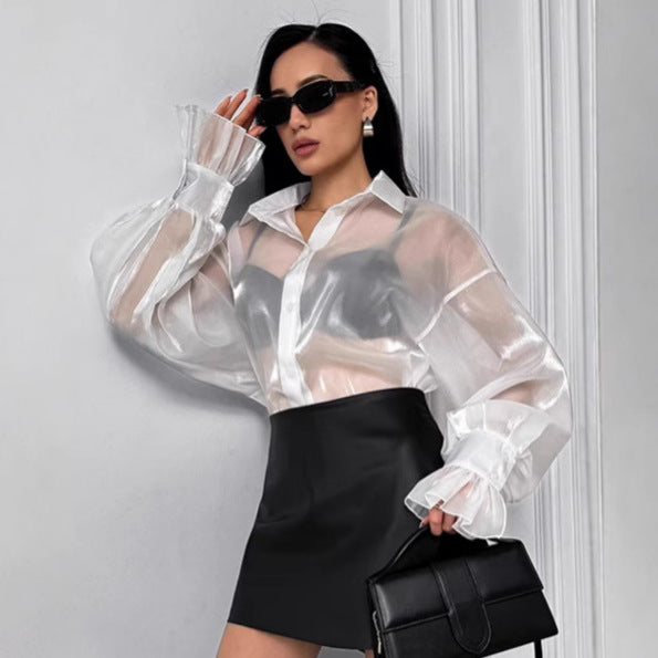 Women's Design Bandage Dress White With Lapel Long-sleeved Top