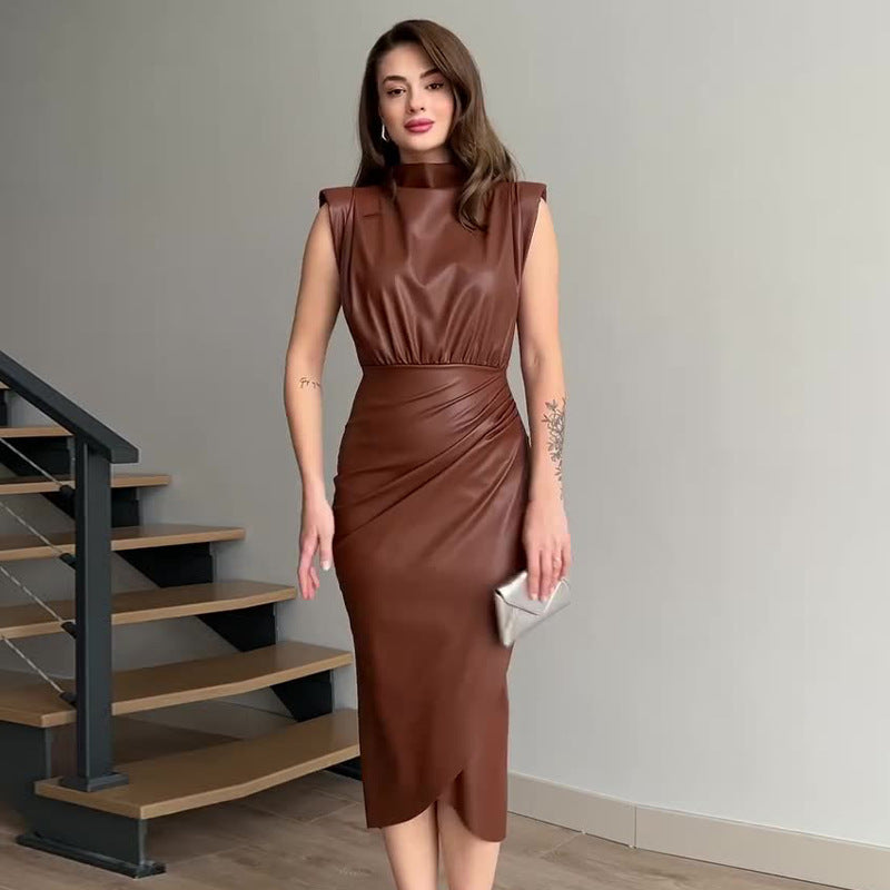 Women's Solid Color High Waist Stitching Pleated Slim Dress