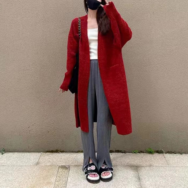 Idle Style Mid-length Sweater Coat Women's Loose Pockets Knitted Cardigan