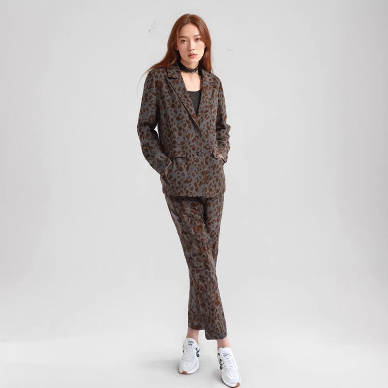 Leopard Print Casual High-end Temperament Suit Wide Leg Pants Two-piece Suit