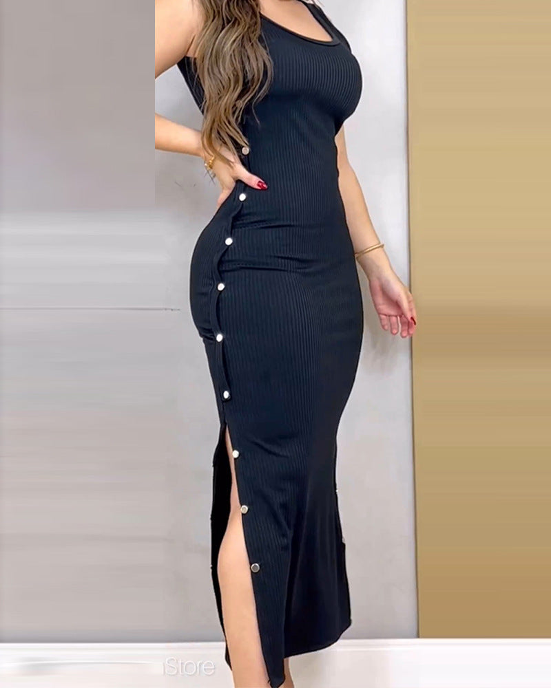 Women's Elegant Sunken Stripe Sleeveless Button Long Dress