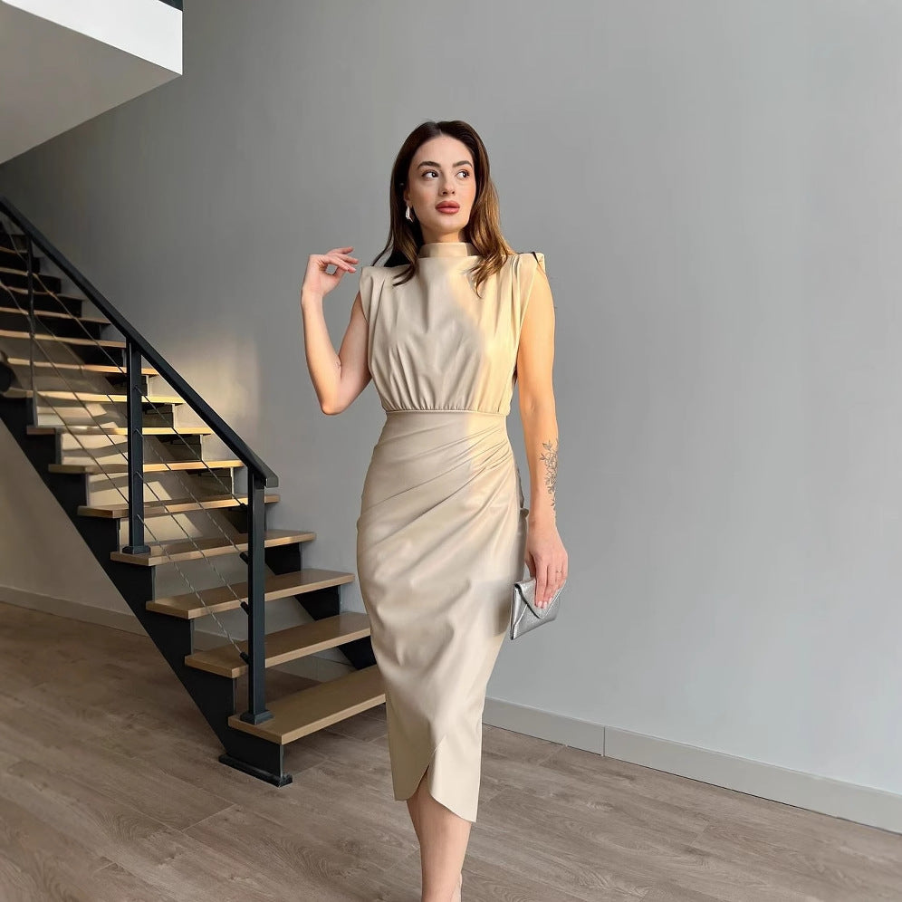 Women's Solid Color High Waist Stitching Pleated Slim Dress