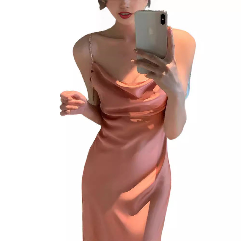 Satin Texture Swing Collar Drill Chain Suspender Skirt For Women