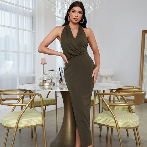 New Independent Design Halter Deep V Bare Back Knitted Bandage Evening Dress Dress Mid-length