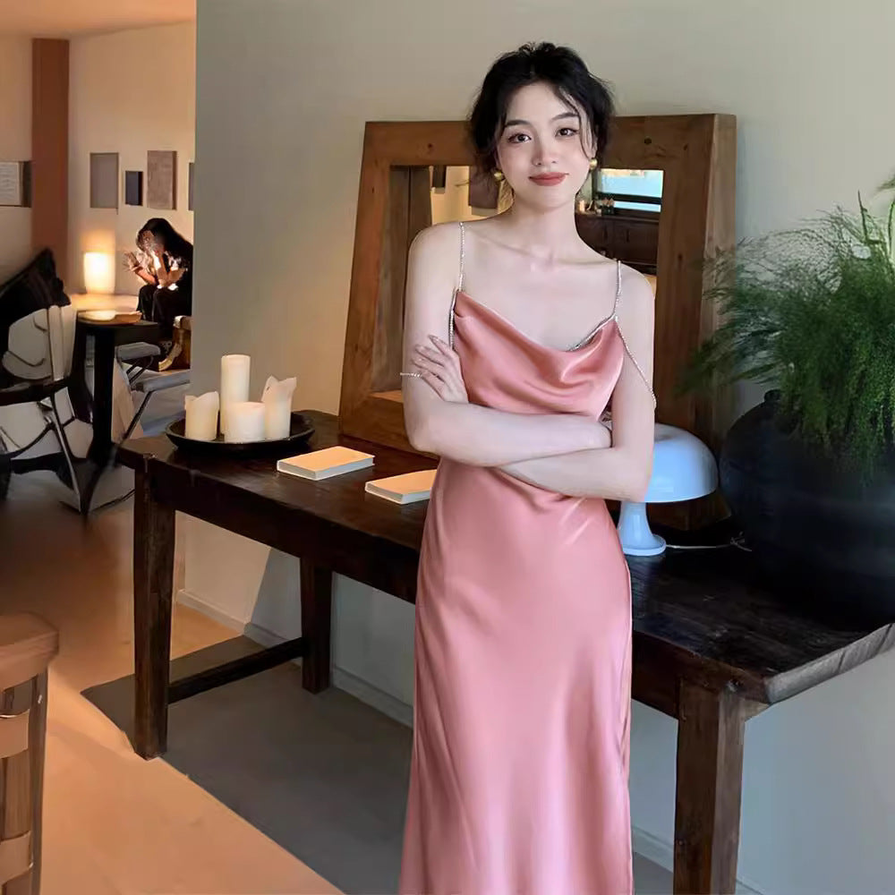 Satin Texture Swing Collar Drill Chain Suspender Skirt For Women