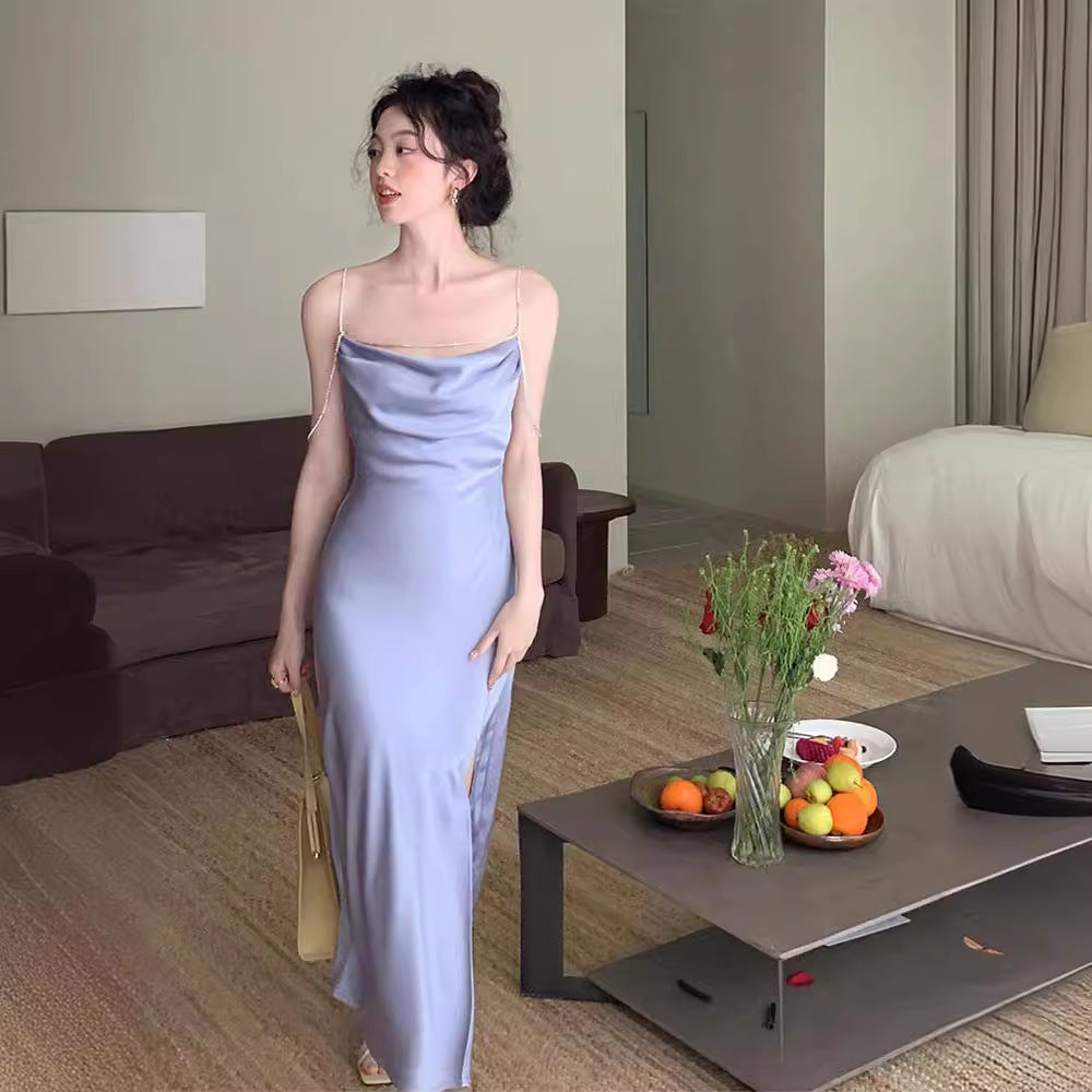 Satin Texture Swing Collar Drill Chain Suspender Skirt For Women