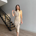 Women's Solid Color High Waist Stitching Pleated Slim Dress