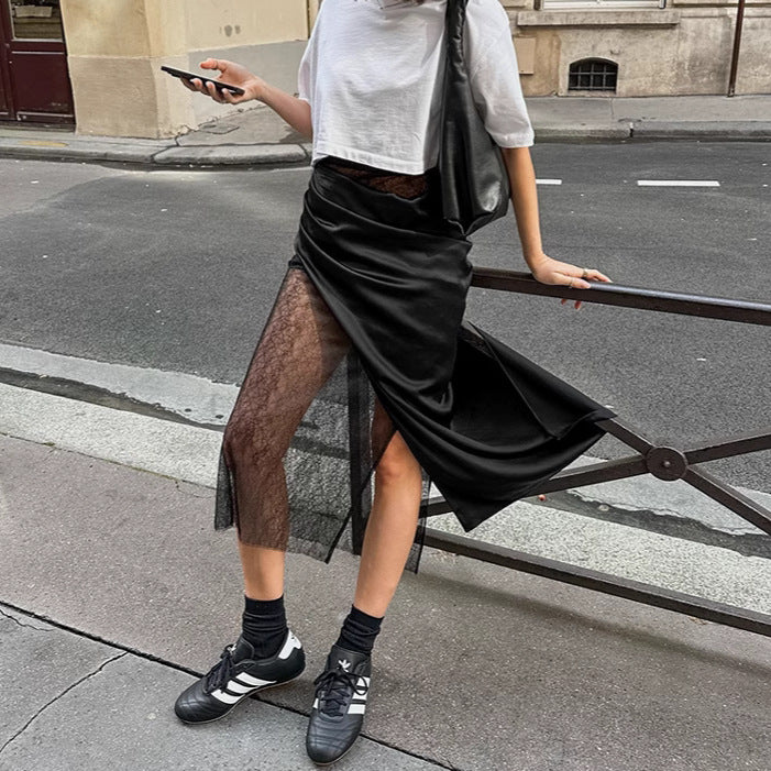 Black Hot Girl Lace Patchwork See-through Satin Skirt