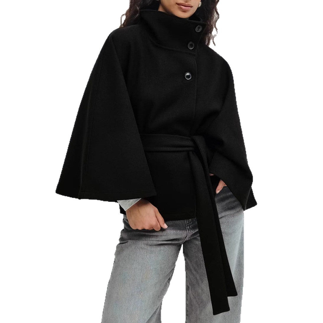 Winter High Neck Batwing Sleeve Coat With Belt Fashion Loose Elegant Button Top Trench Coat For Women Clothing